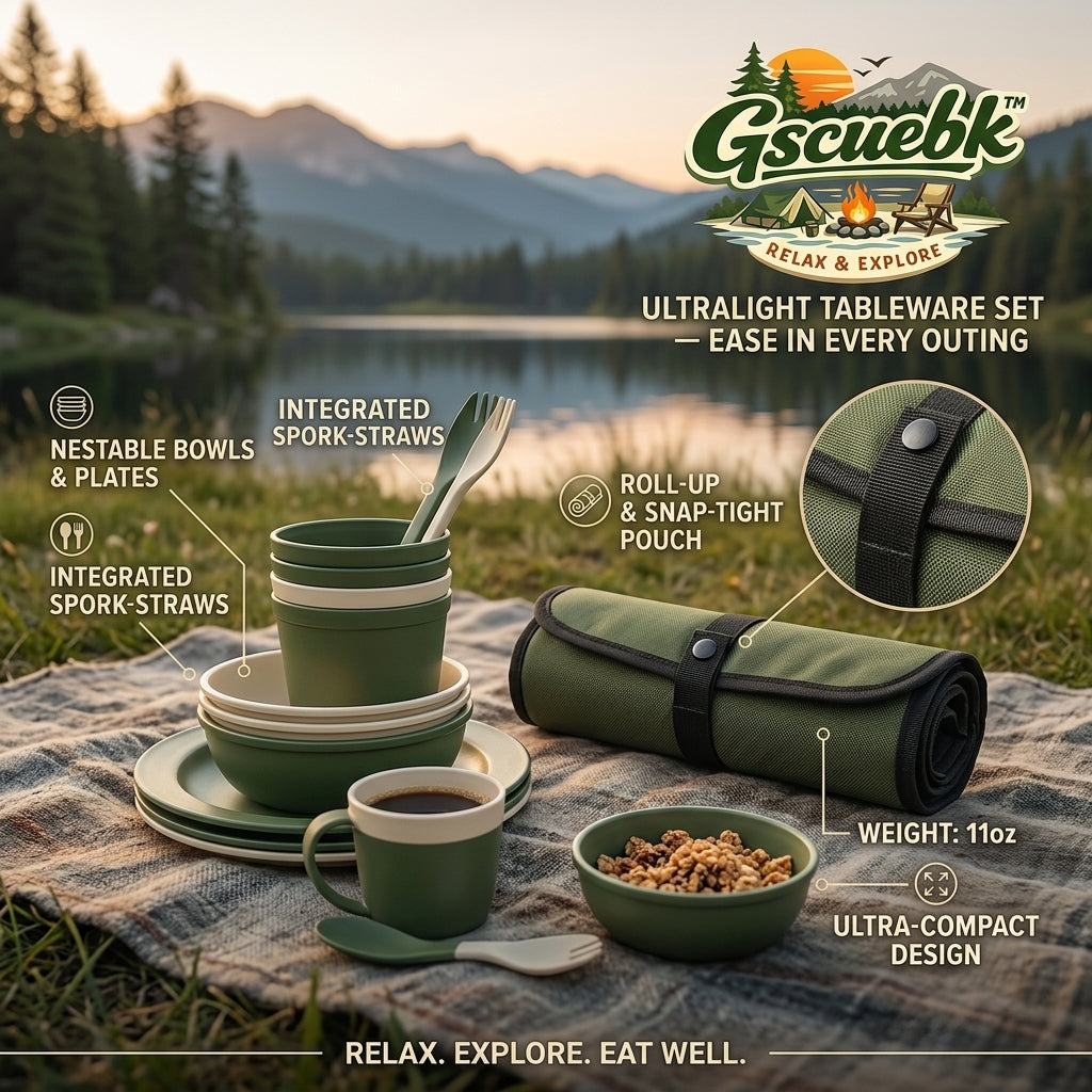 Gscuebk™ 11oz Ultralight Camping Tableware Set - Compact Nesting Bowls, Plates, Cups & Integrated Spork-Straws with Roll-Up Snap-Tight Storage Pouch | Lightweight Outdoor Mess Kit for Hiking, Backpacking, Picnics & Travel