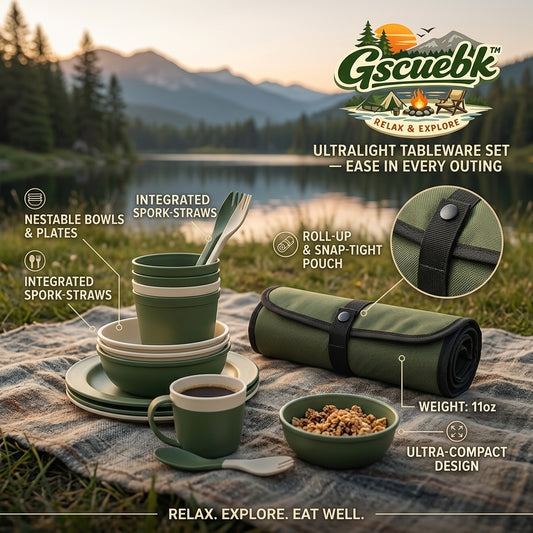 Gscuebk™ 11oz Ultralight Camping Tableware Set - Compact Nesting Bowls, Plates, Cups & Integrated Spork-Straws with Roll-Up Snap-Tight Storage Pouch | Lightweight Outdoor Mess Kit for Hiking, Backpacking, Picnics & Travel