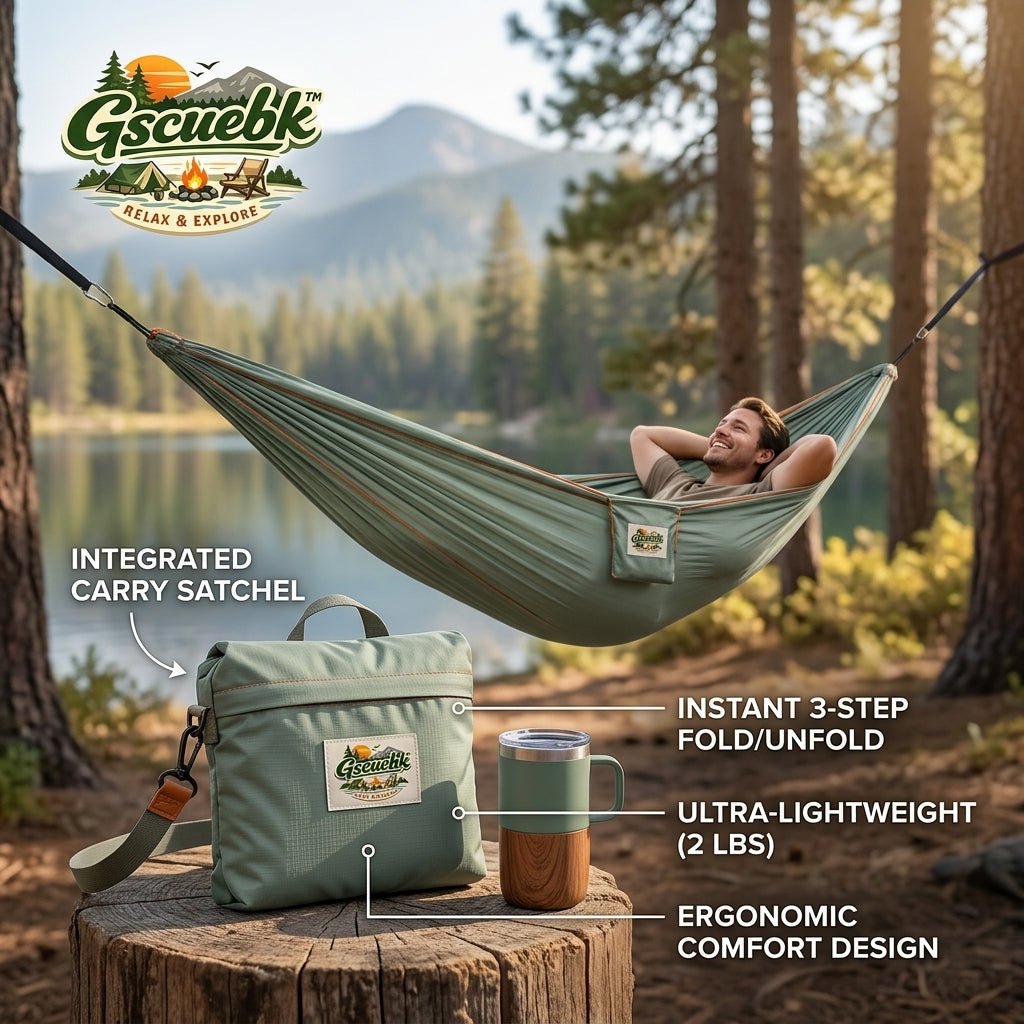 Gscuebk™ Portable Camping Hammock with Integrated Carry Satchel | 2 lbs Ultra-Lightweight Travel Hammock | Instant 3-Step Fold & Ergonomic Comfort Design for Backpacking, Hiking, Backyard & Outdoor Relaxing