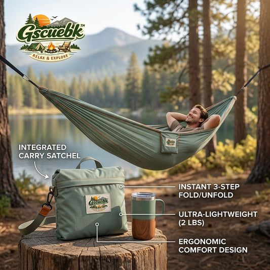 Gscuebk™ Portable Camping Hammock with Integrated Carry Satchel | 2 lbs Ultra-Lightweight Travel Hammock | Instant 3-Step Fold & Ergonomic Comfort Design for Backpacking, Hiking, Backyard & Outdoor Relaxing