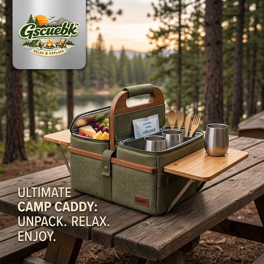 Gscuebk™ Ultimate Camp Caddy and Insulated Picnic Organizer | Portable Outdoor Tote Bag with 2 Fold-Out Bamboo Side Tables | Heavy-Duty Canvas Cooler & Utensil Holder for Glamping, Camping, Picnics & Patio Dining