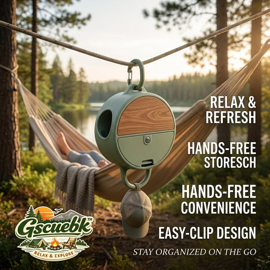 Gscuebk™ Hanging Camping Organizer Pod - Portable Hammock Storage Pocket & Gear Hanger with Easy-Clip Carabiner, Wood-Grain Outdoor Accessory Holder for Campsite, Hiking, Backpacking, and Backyard Relaxation