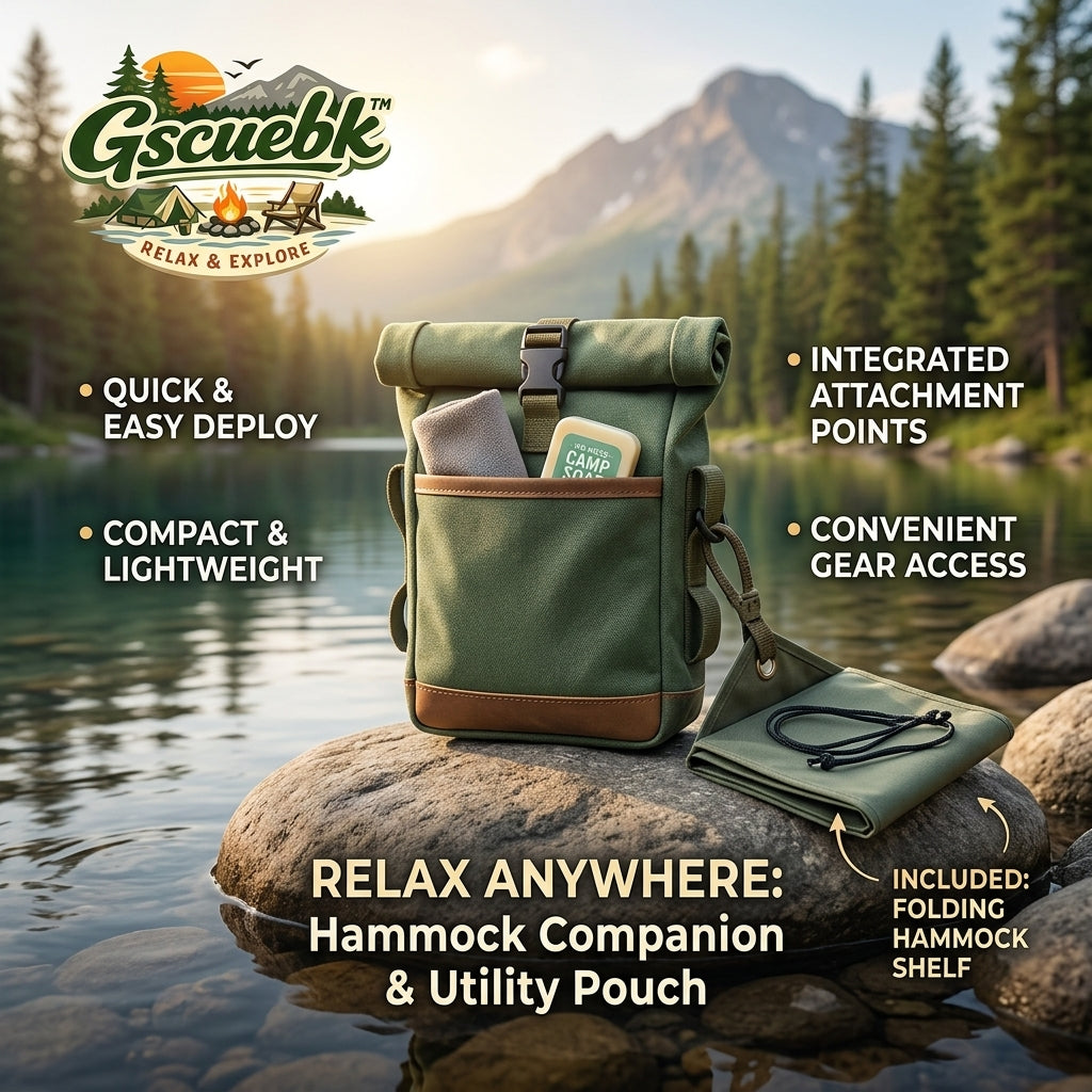 Gscuebk™ Hammock Companion & Utility Pouch with Folding Hammock Shelf | Compact Roll-Top Hanging Gear Organizer, Water-Resistant Camping Storage Bag & Ridgeline Organizer for Backpacking, Hiking, and Outdoor Adventure