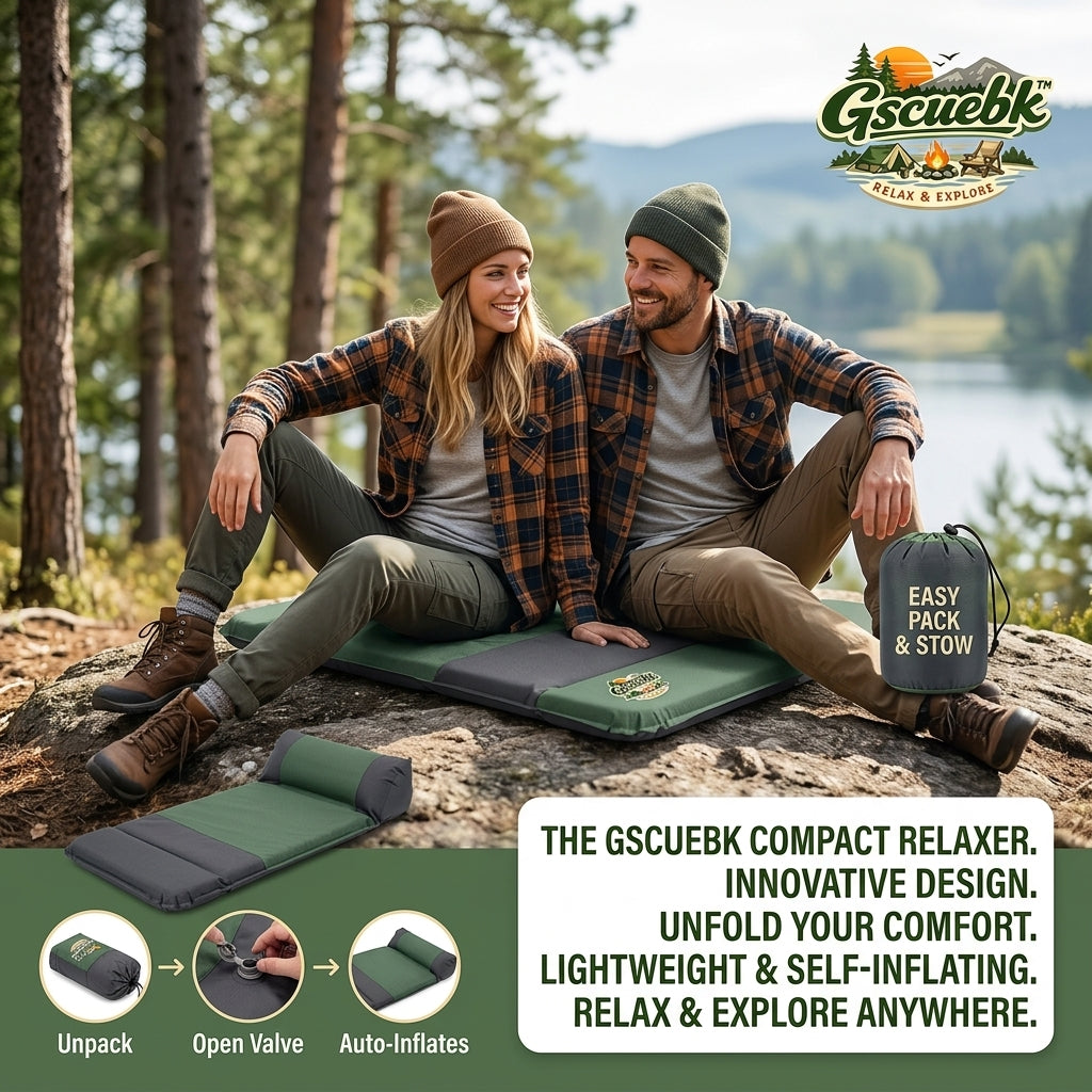 Gscuebk™ Self-Inflating Camping Sleeping Pad - Compact Outdoor Relaxer Mat with Integrated Pillow, Lightweight & Portable Foam Mattress for Backpacking, Hiking, Camping, and Picnics - Easy Pack & Stow