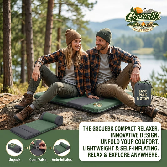 Gscuebk™ Self-Inflating Camping Sleeping Pad - Compact Outdoor Relaxer Mat with Integrated Pillow, Lightweight & Portable Foam Mattress for Backpacking, Hiking, Camping, and Picnics - Easy Pack & Stow