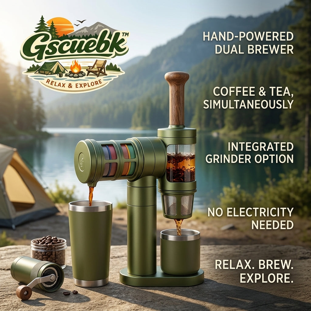 Gscuebk™ Hand-Powered Dual Coffee and Tea Brewer with Manual Grinder | Portable Non-Electric Camping Espresso Maker & Tea Infuser | All-in-One Rugged Outdoor Travel Brewing System for Hiking, Off-Grid Adventures, and RV Trips